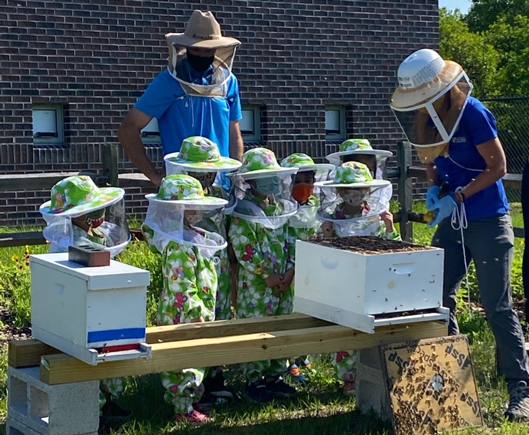 7 small children in bee suites next to honey bee boxes. 